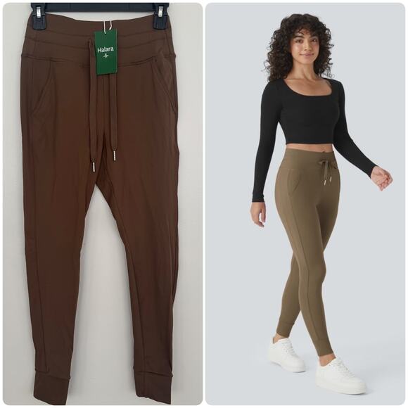 Halara High Waisted Drawstring Side Pocket Full Length Joggers in Brown - Picture 1 of 8